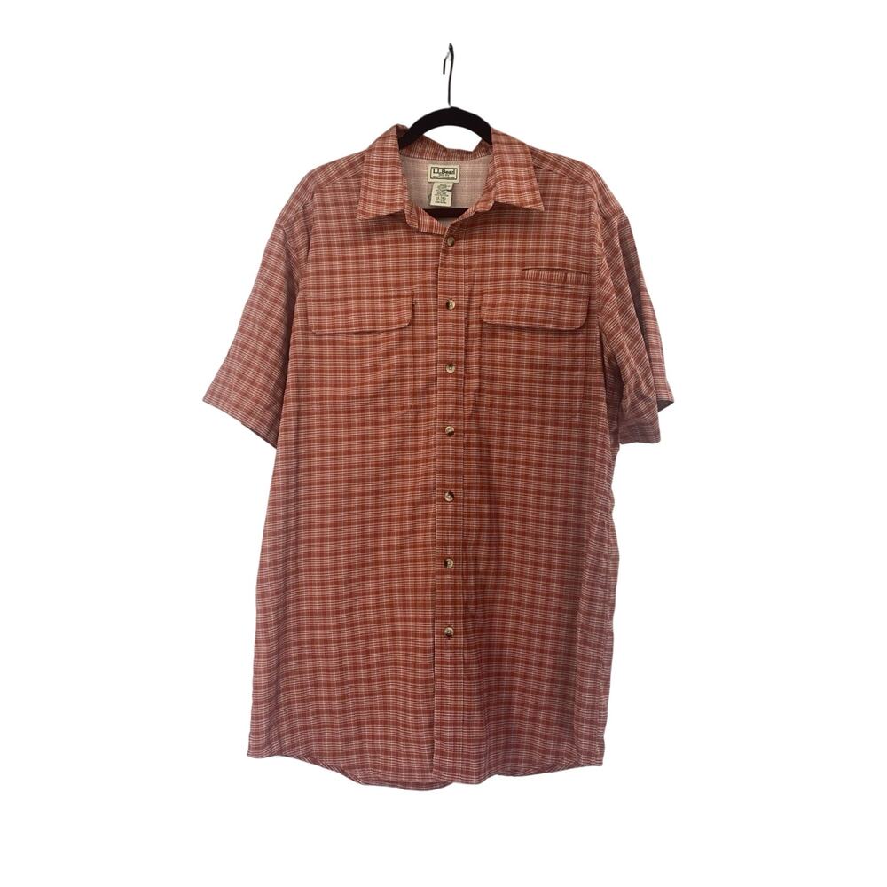 LL Bean Coolmax Shirt Mens Short Sleeve Mesh Lined Red Plaid Size L Tall